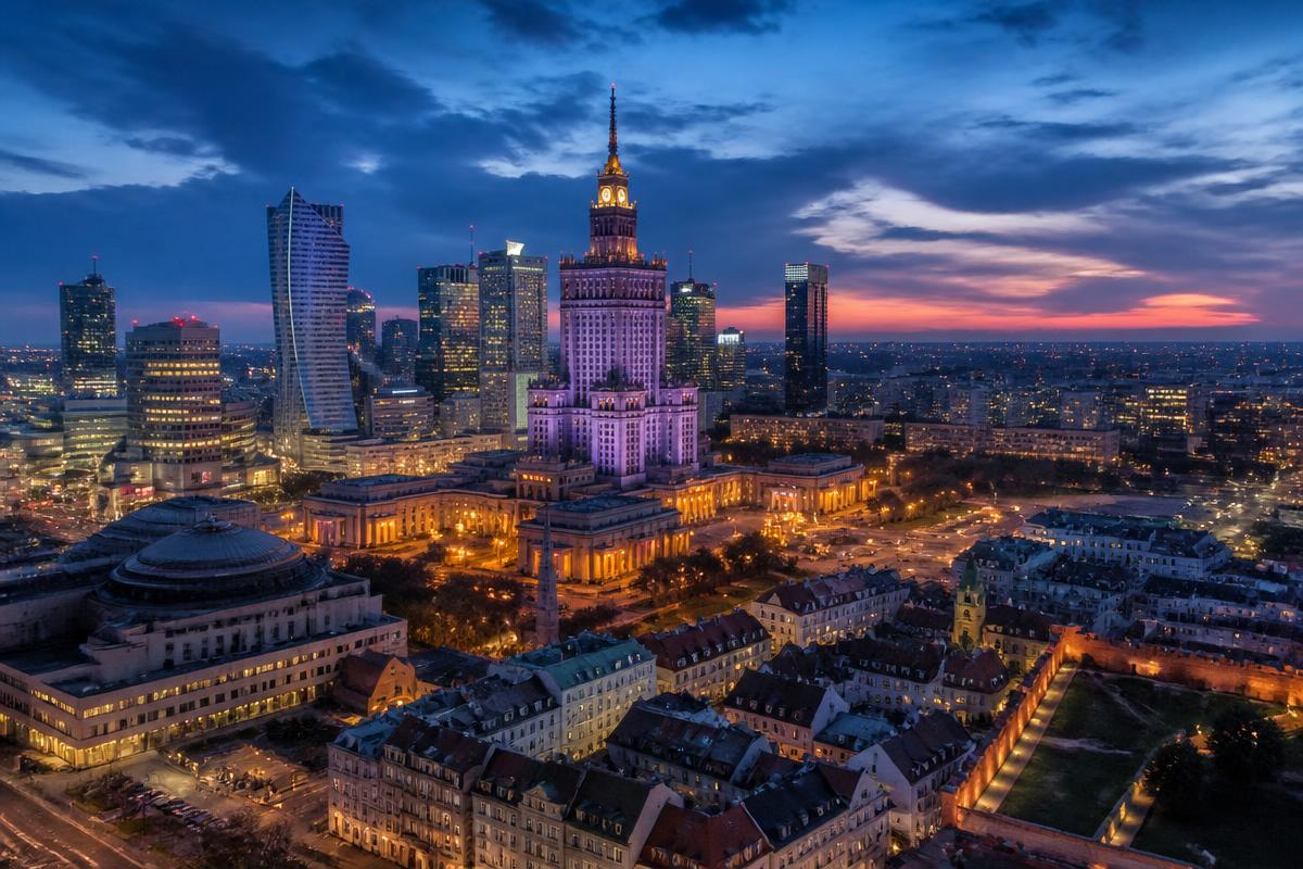 City skyline in Poland at dusk
